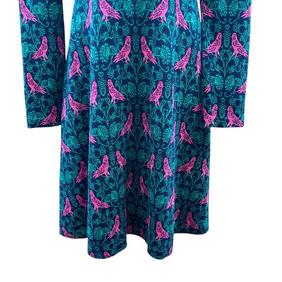 Boden Annie Jacquard A-Line Long Sleeve Teal and Pink Bird Print Dress Size 6R - Picture 4 of 16
